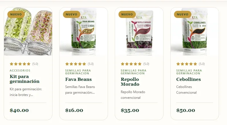 Productos de la tienda: kit para germinación ($40.00) y semillas de Fava Beans ($16.00), Repollo Morado ($35.00) y Cebollines ($50.00).